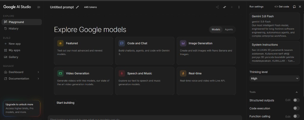 AI Studio model ve thinking ayarları